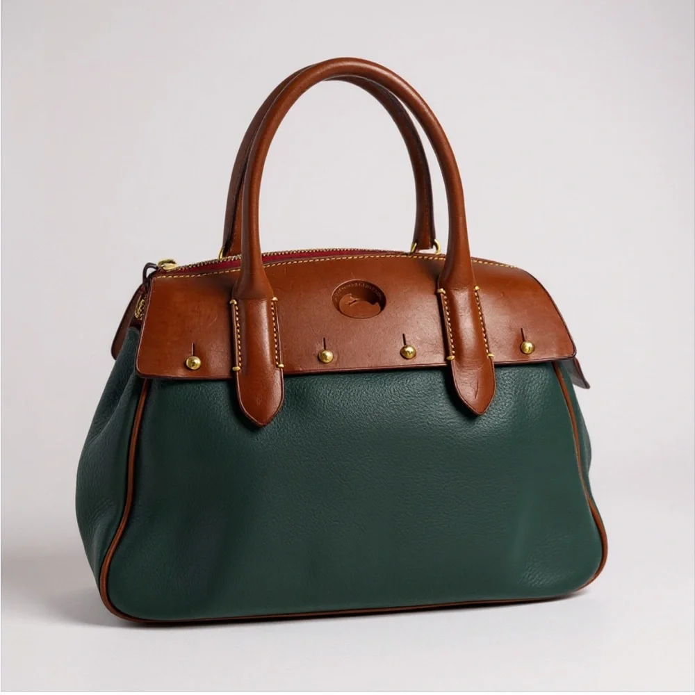 Vintage Dooney & Bourke Wilson Leather Satchel Handbag Purse, Forest Green/Tan - Picture 4 of 10